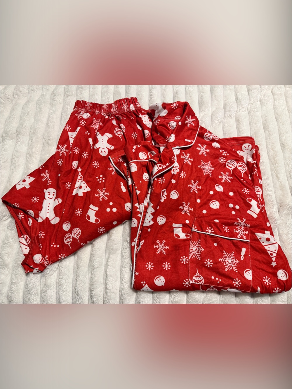 Adult Unisex Red Holiday Pajama Set - Festive Snowman & Tree Print